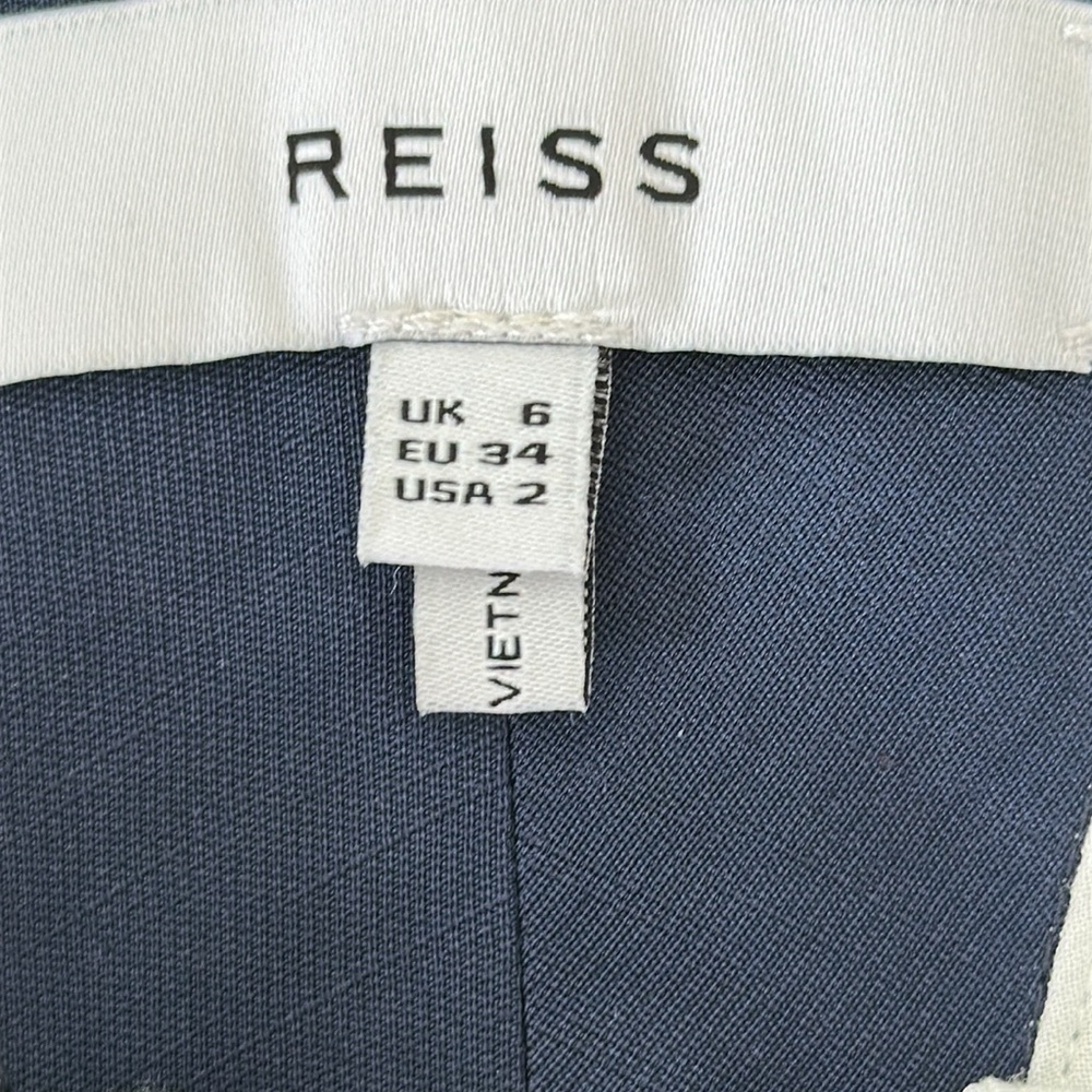 Reiss White Linen Midi Dress Contrast Navy Trim Deep V | US 2 - Picture 5 of 7